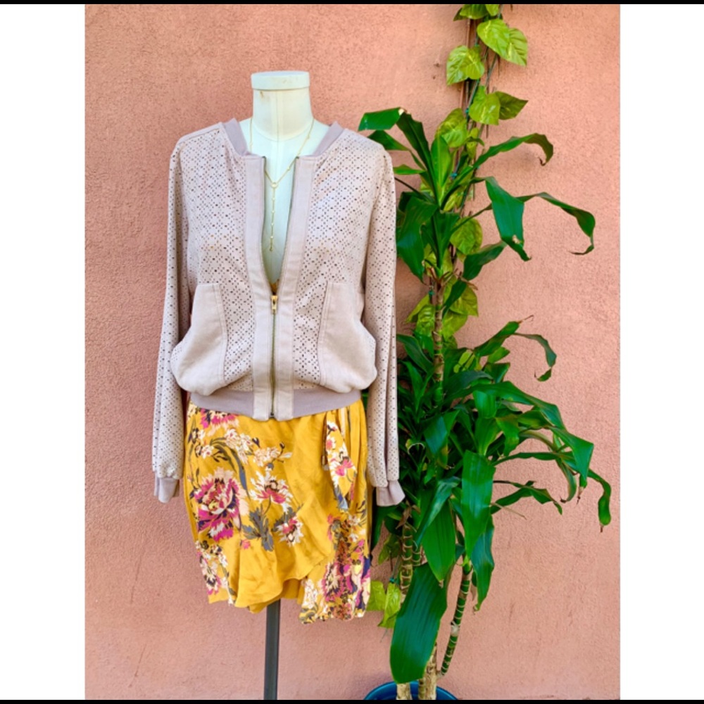Faux Suede Perforated Bomber Jacket